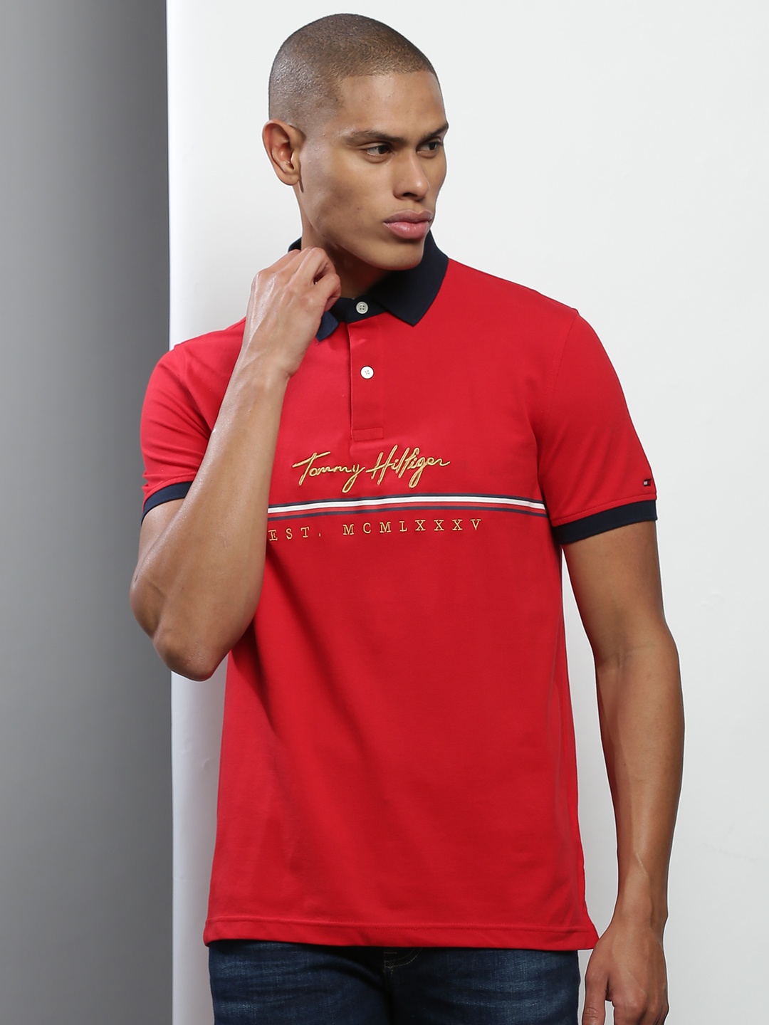 

Tommy Hilfiger Men Red & Golden Brand Logo Embroidered Polo Collar T-shirt