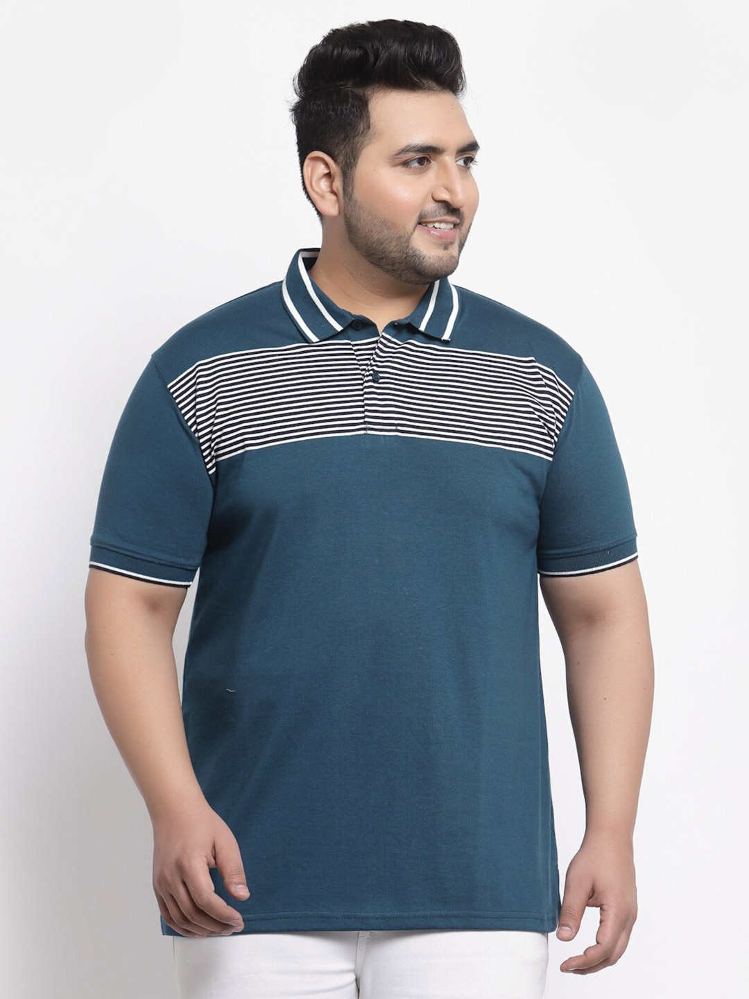 

plusS Plus Size Men Teal & White Striped Polo Collar Cotton T-shirt