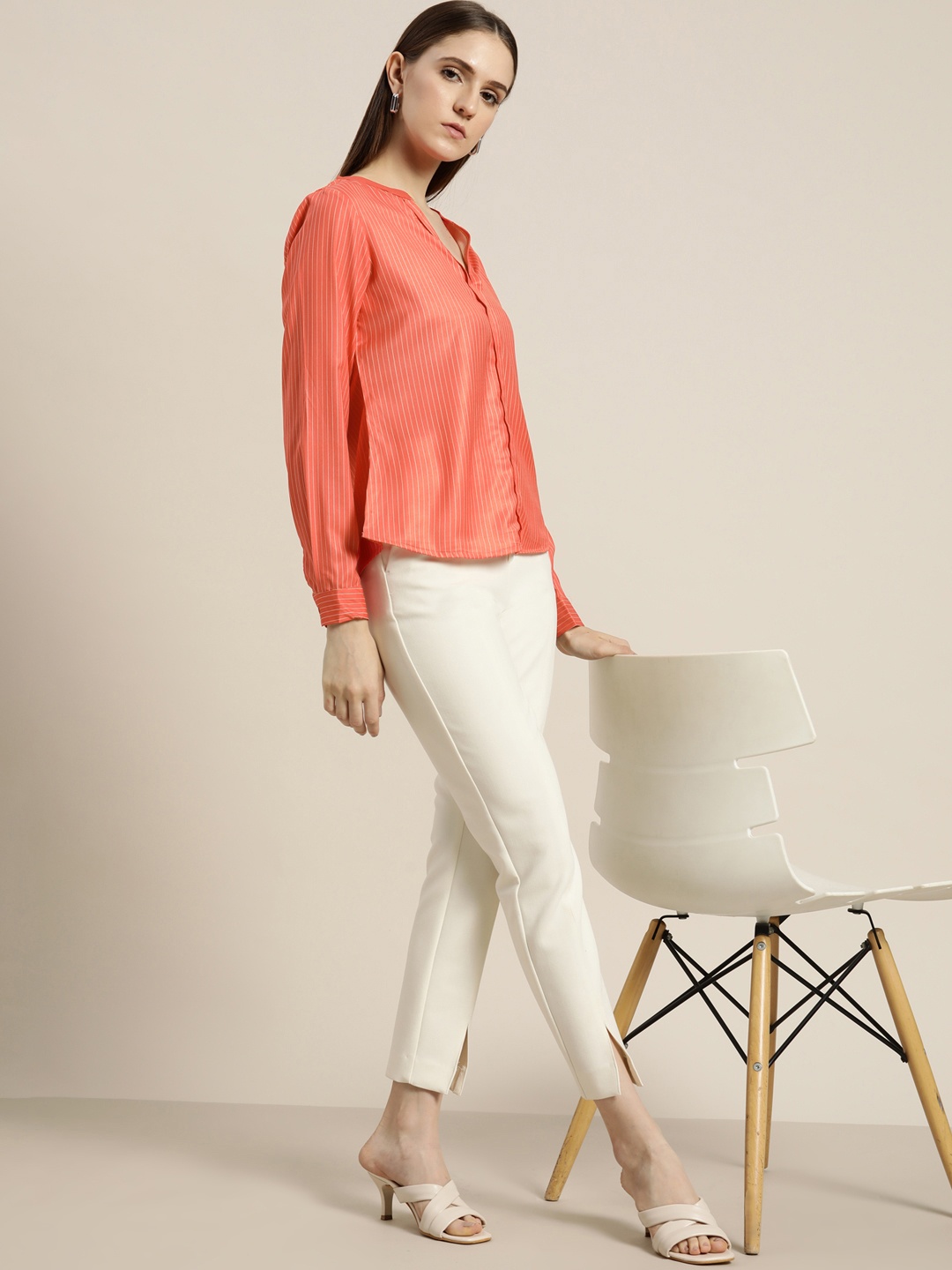 

INVICTUS Coral & White Striped Shirt Style Top