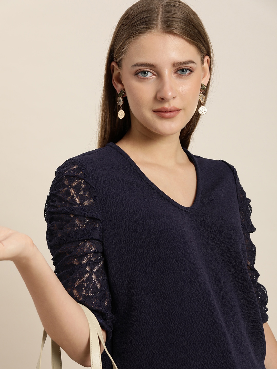 

her by invictus Navy Blue Puffed Lace Sleeves Top