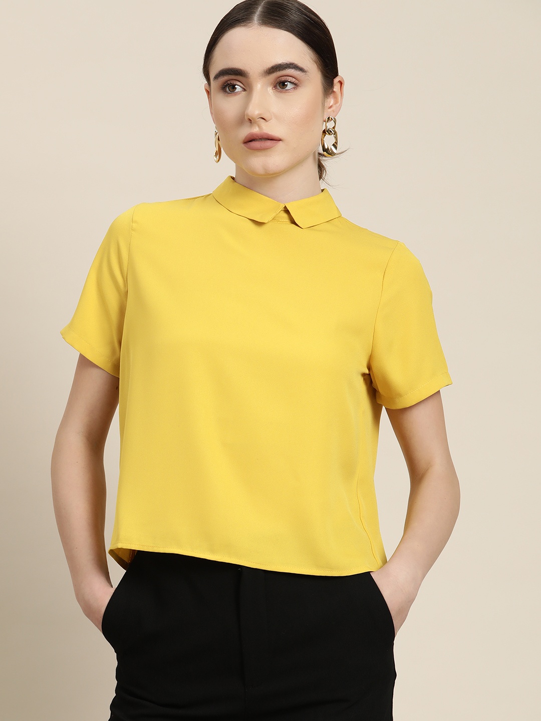 

INVICTUS Solid Peter Pan Collar Top, Mustard