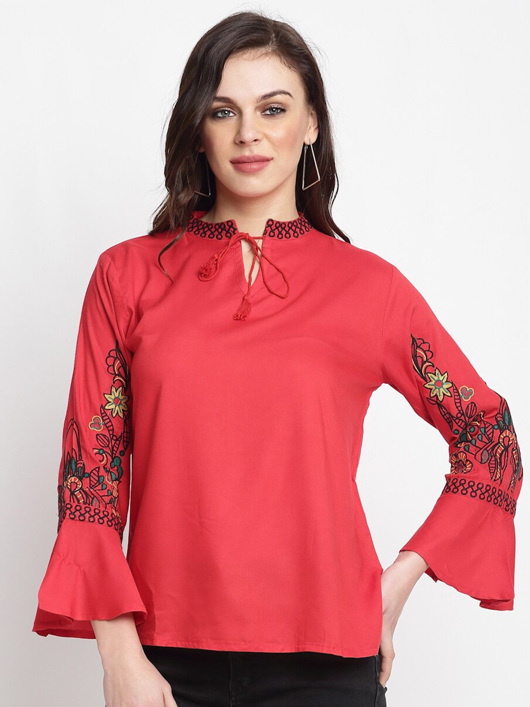 

Miaz Lifestyle Red Print Tie-Up Neck Top