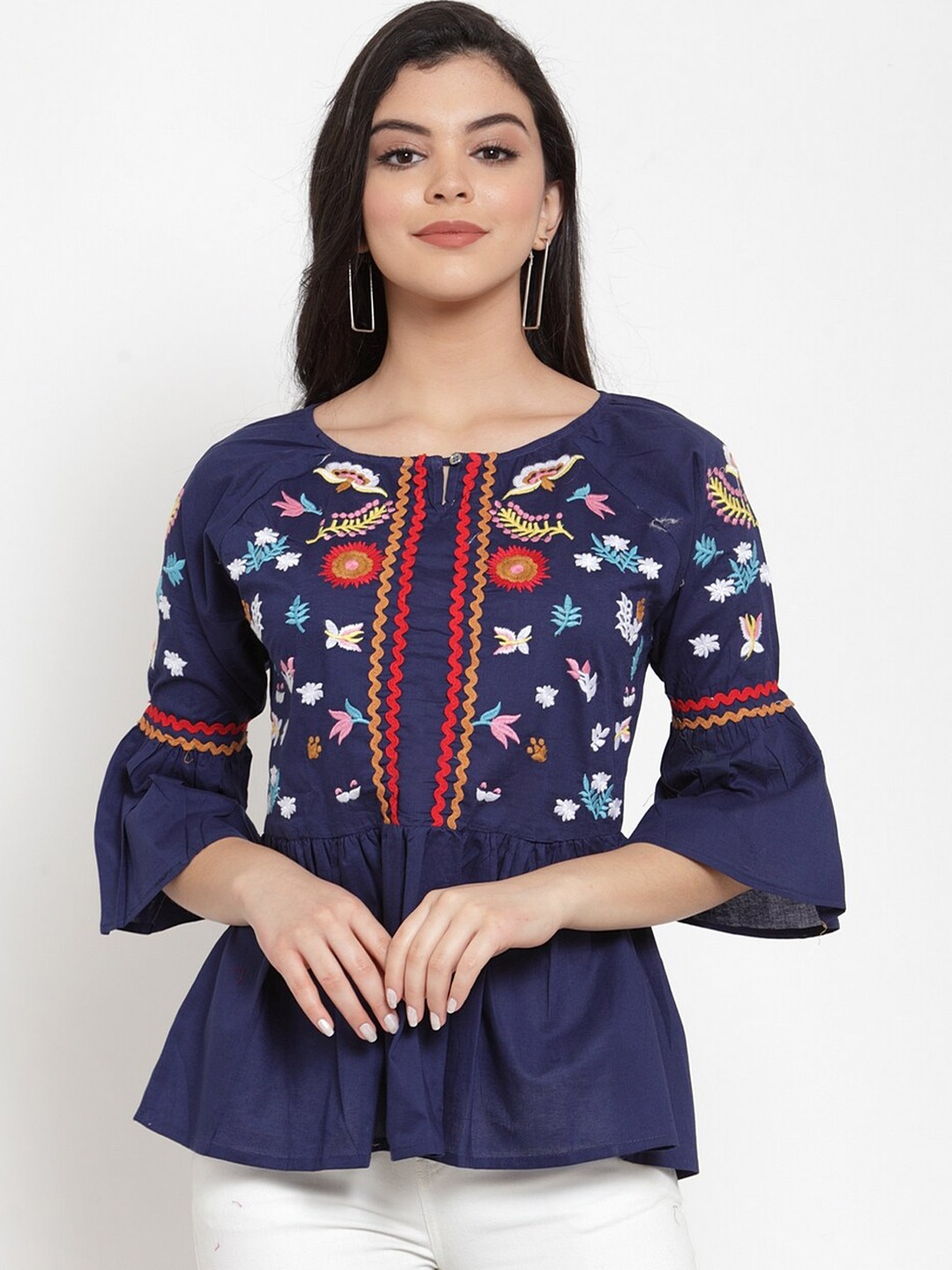 

Miaz Lifestyle Women Navy Blue Floral Embroidered Bell Sleeves Peplum Top