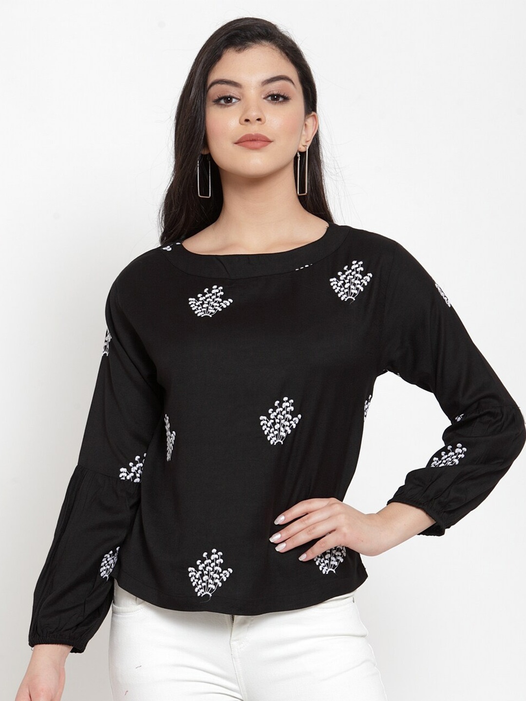 

Miaz Lifestyle Black & White Floral Embroidered Regular Top