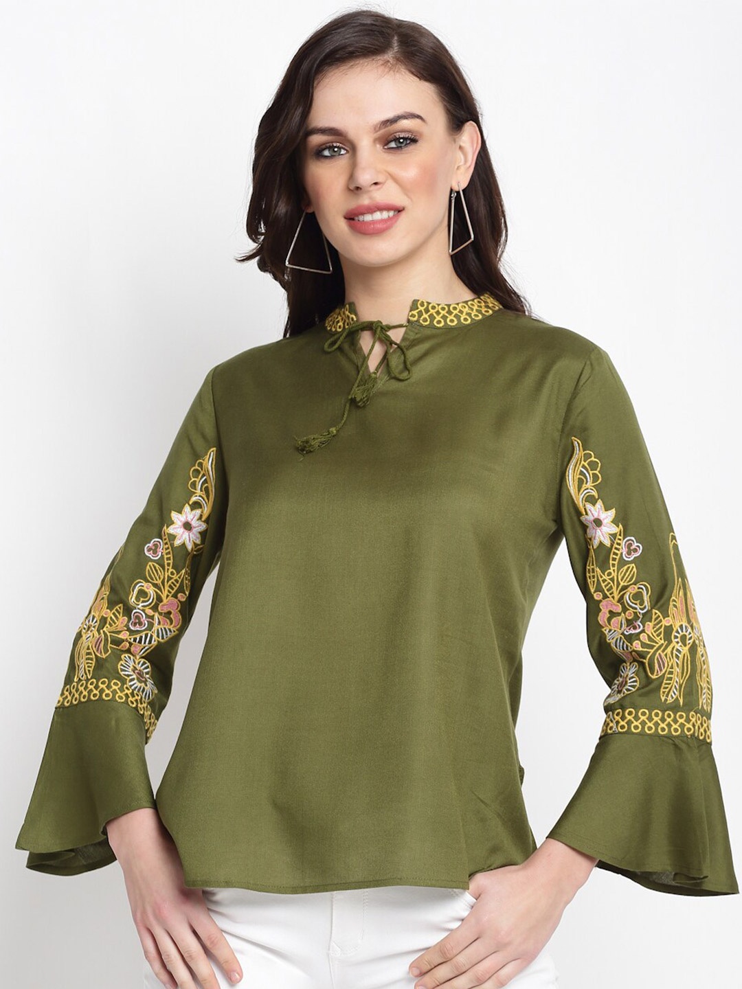 

Miaz Lifestyle Women Olive Green Tie-Up Neck Top