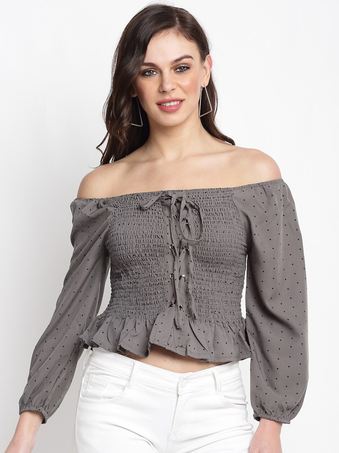 

Miaz Lifestyle Grey Off-Shoulder Ruffles Smocked Bardot Crop Top