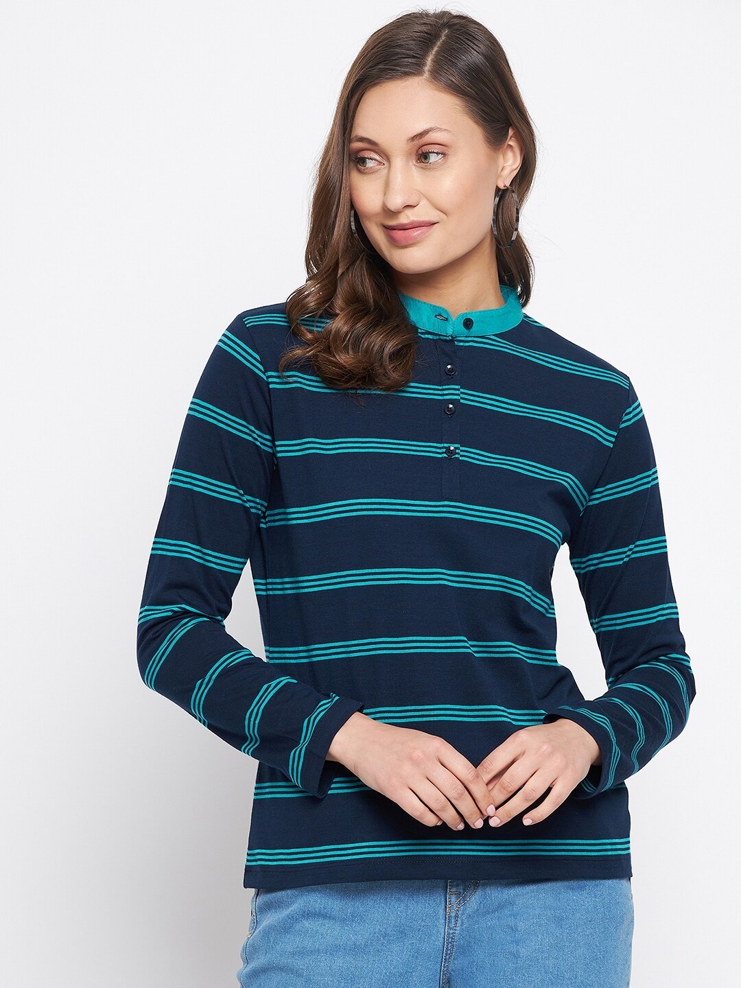 

HARBOR N BAY Women Navy Blue Striped Mandarin Collar T-shirt