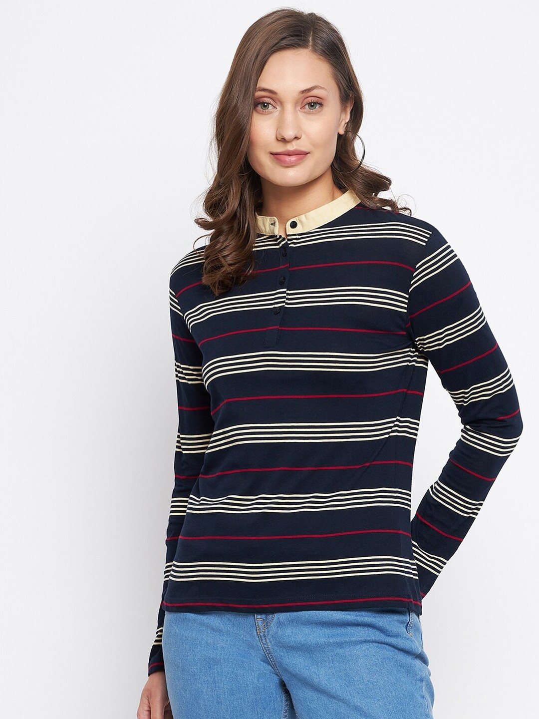 

HARBOR N BAY Women Navy Blue Striped Mandarin Collar T-shirt