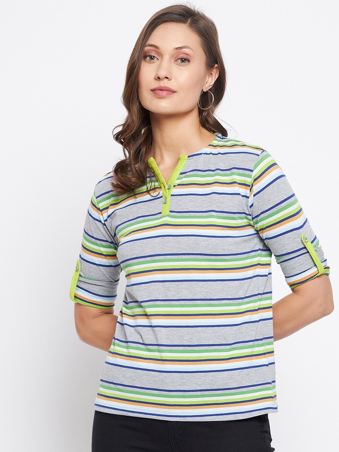 

HARBOR N BAY Women Grey & Green Striped Henley Neck T-shirt
