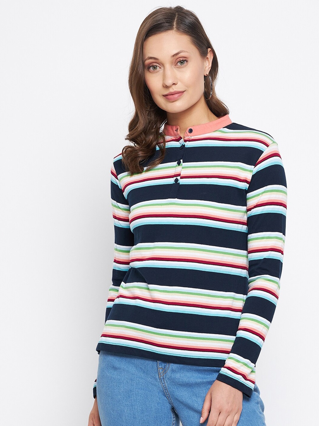 

HARBOR N BAY Women Navy Blue Striped Mandarin Collar T-shirt