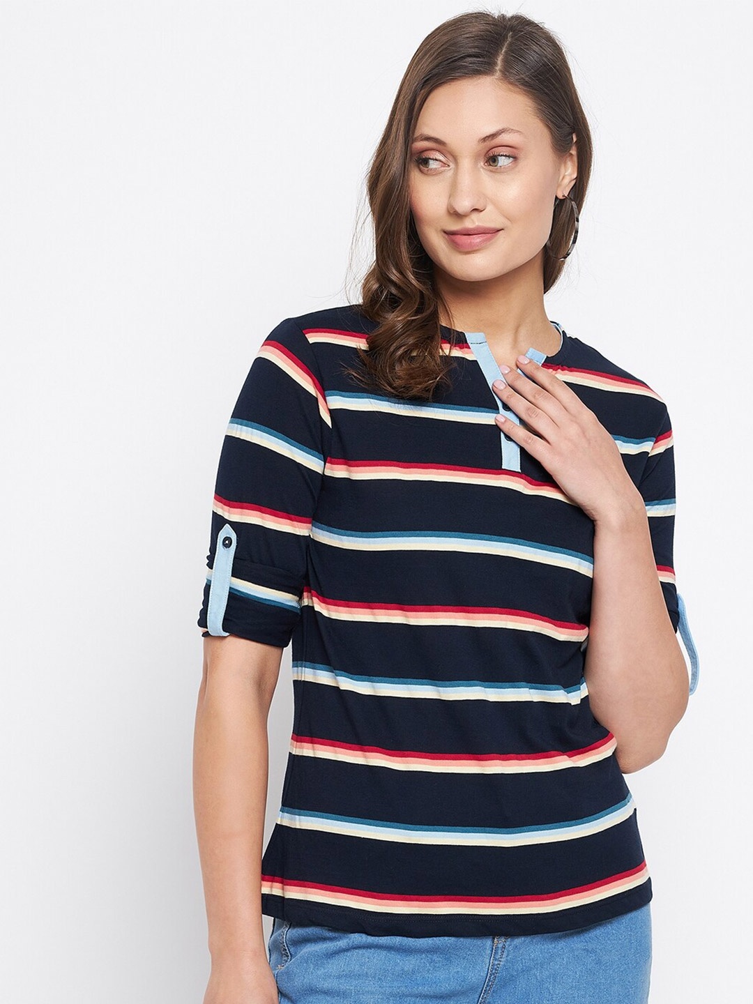 

HARBOR N BAY Women Navy Blue Striped Henley Neck T-shirt