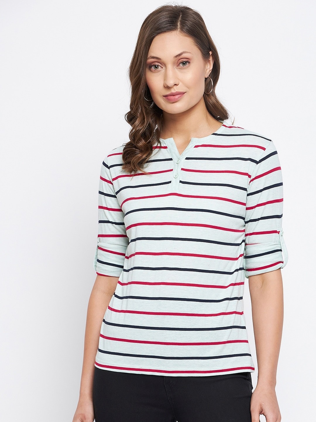 

HARBOR N BAY Women Green Striped Henley Neck T-shirt