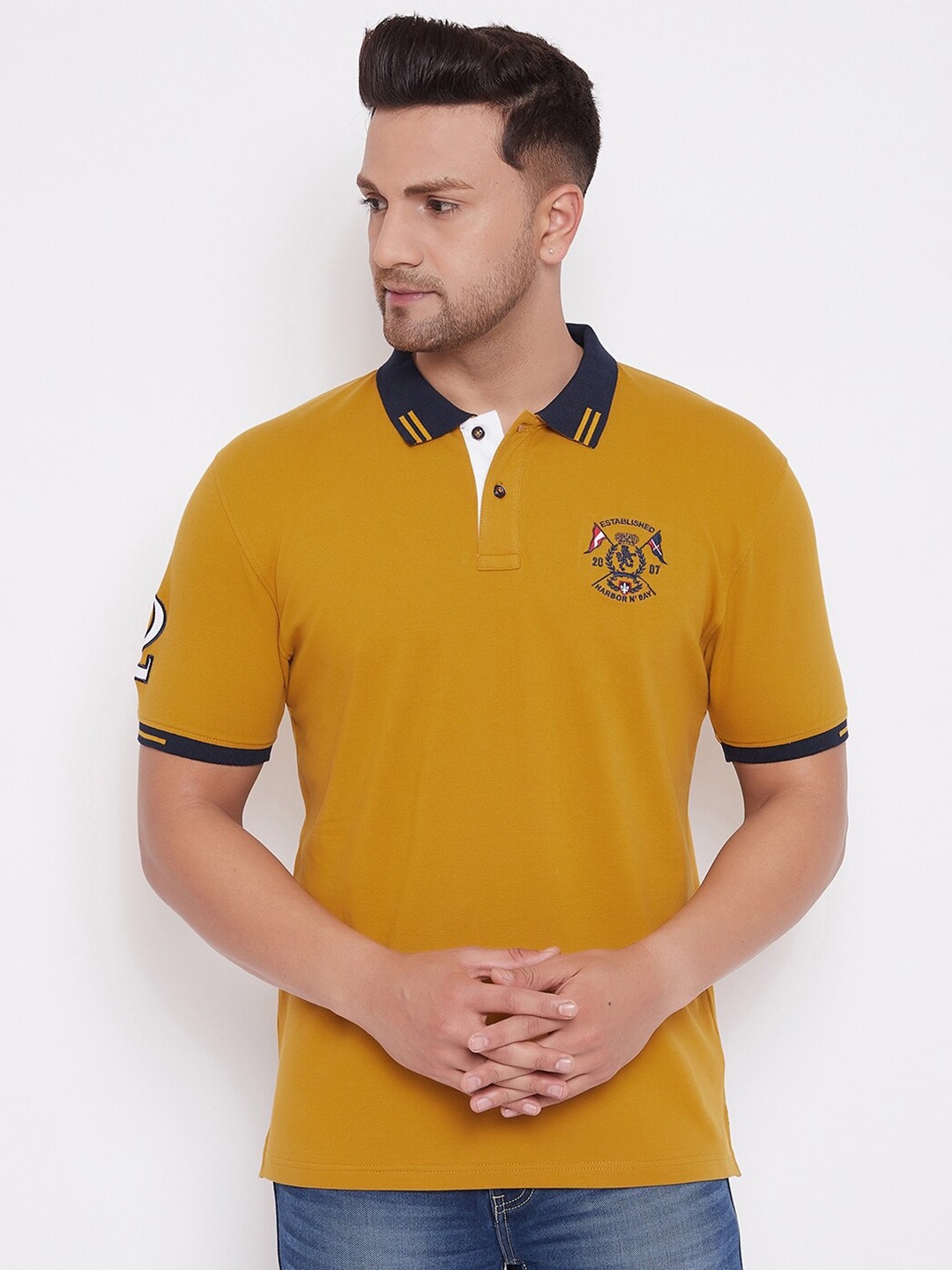 

HARBOR N BAY Men Mustard Yellow Solid Polo Collar T-shirt