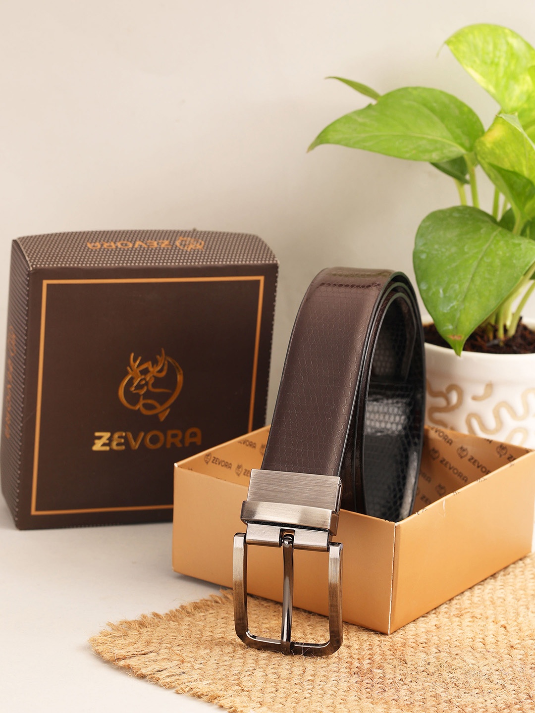 

ZEVORA Men Brown Textured Reversible PU Belt