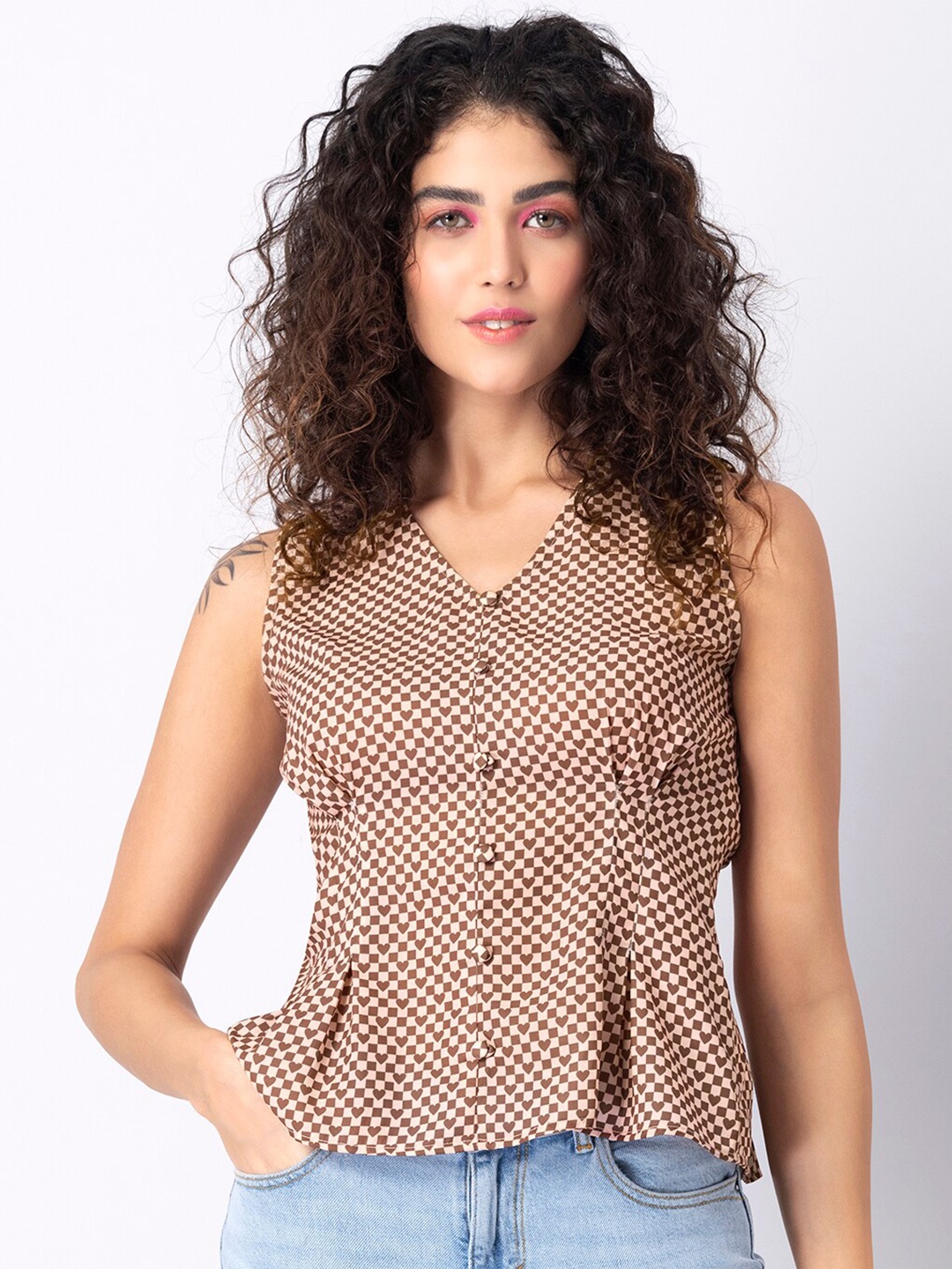 

FabAlley Brown Geometric Print Crepe Top