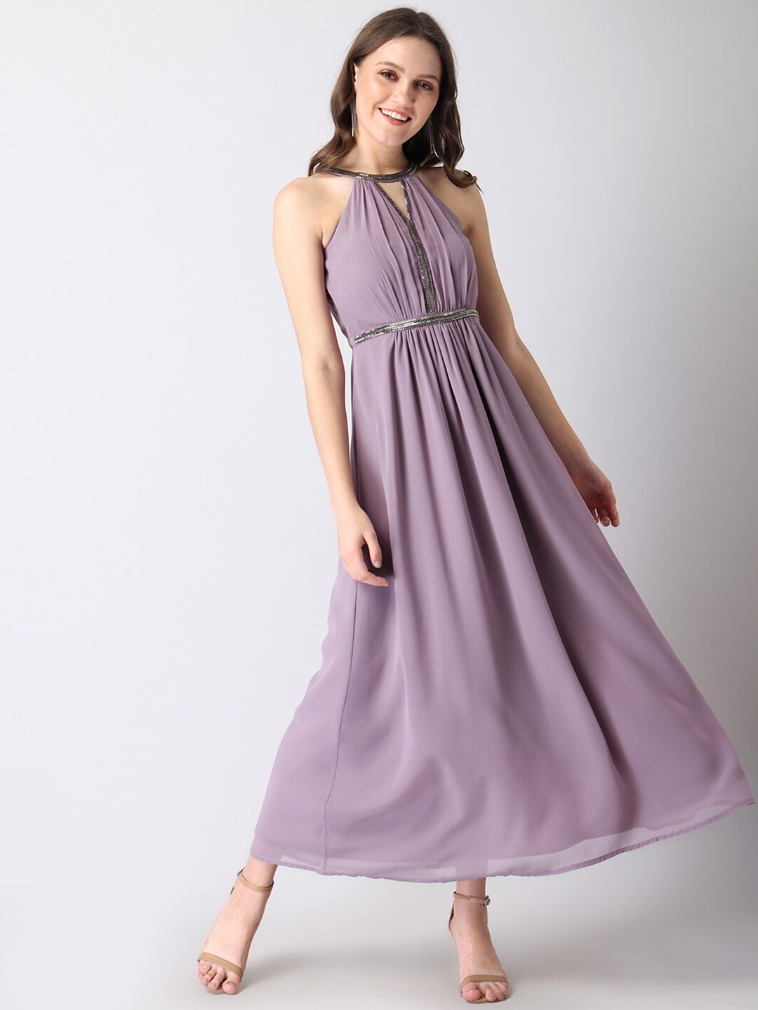 

FabAlley Women Purple Georgette Halter Neck Maxi Dress