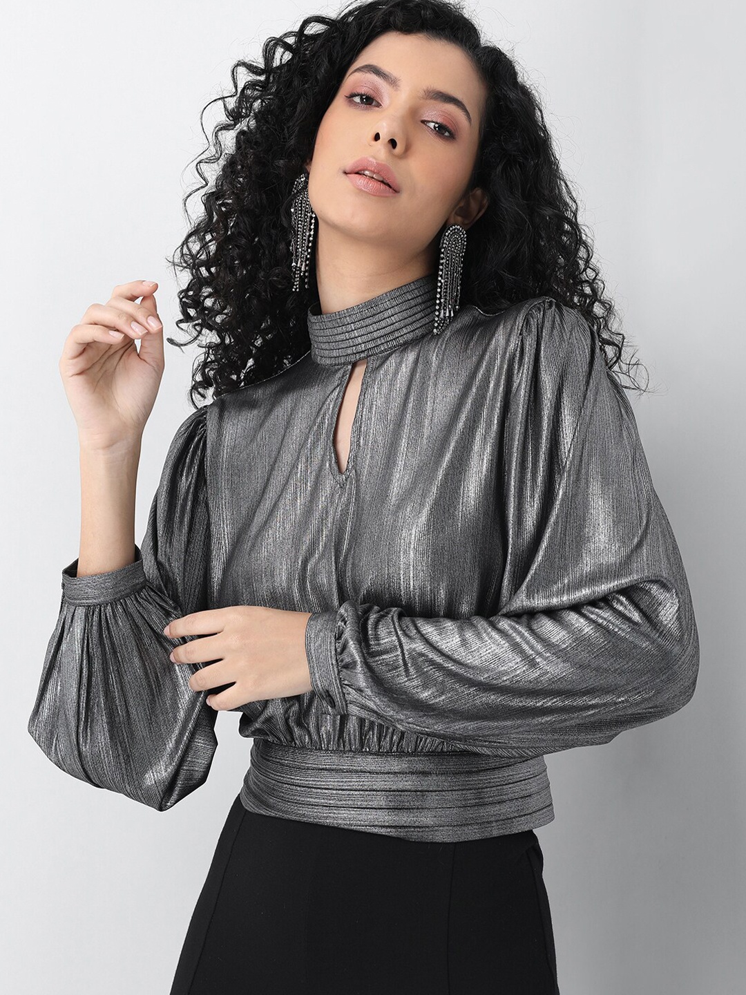 

FabAlley Silver-Toned Keyhole Neck Blouson Top
