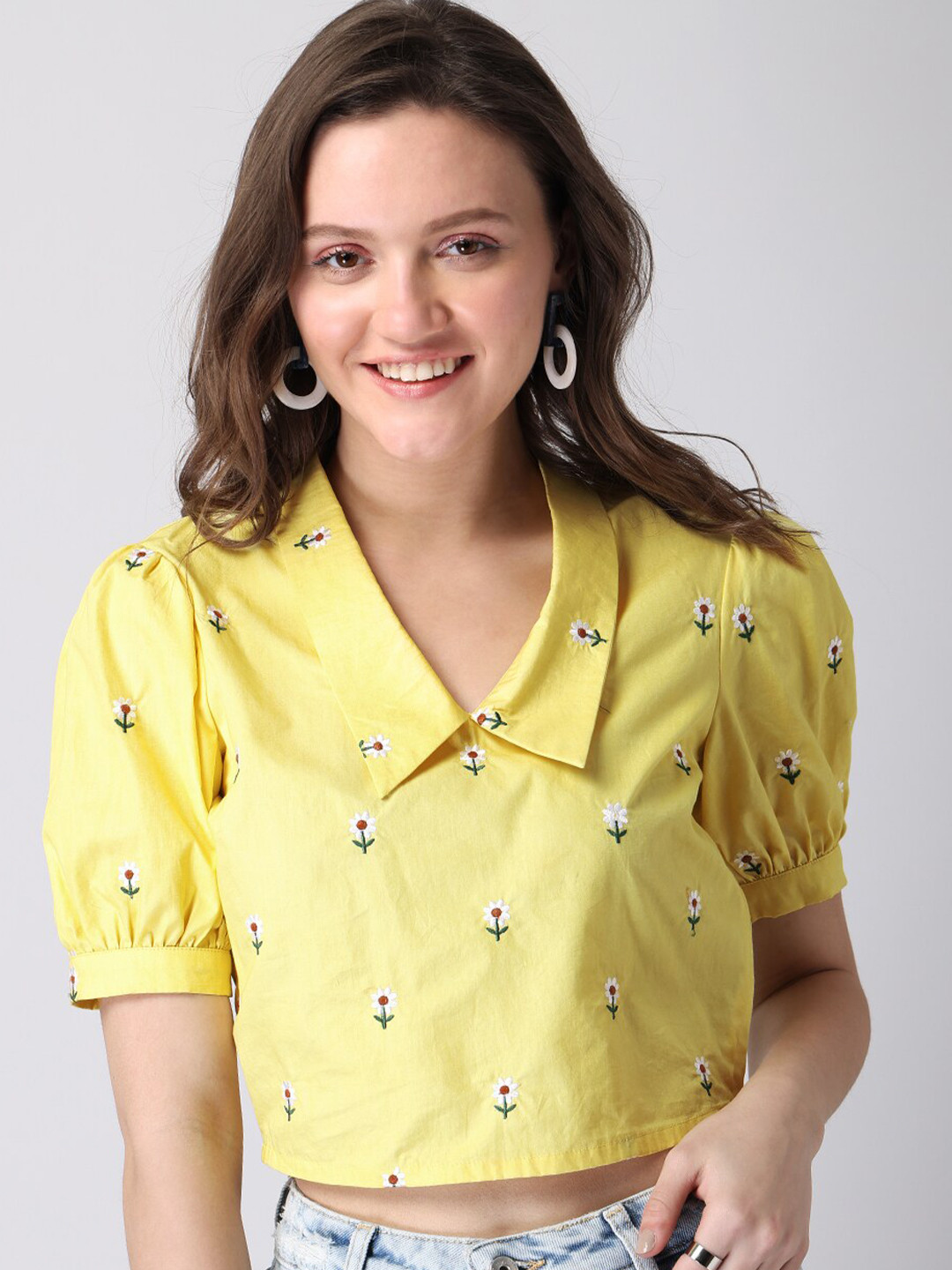 

FabAlley Yellow Floral Print Crop Top