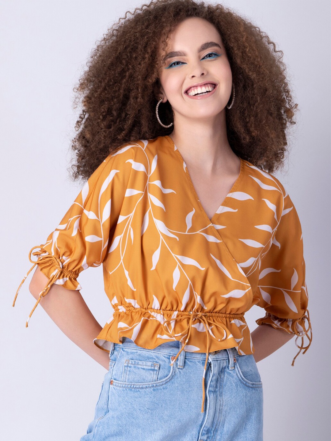 

FabAlley Womens Yellow Tropical Print Drawstring Wrap Blouson Top
