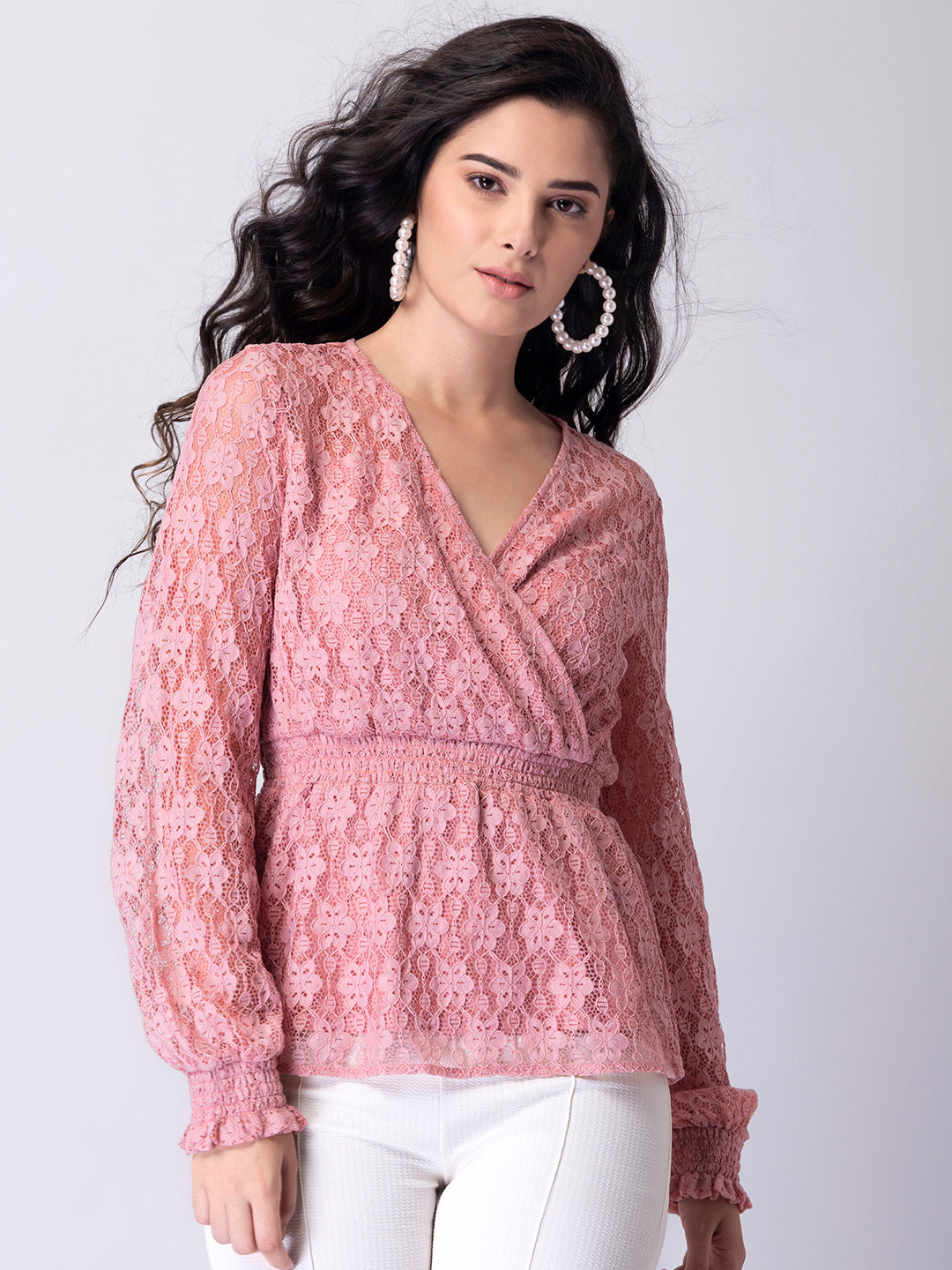 

FabAlley Pink Floral Print Lace Wrap Top