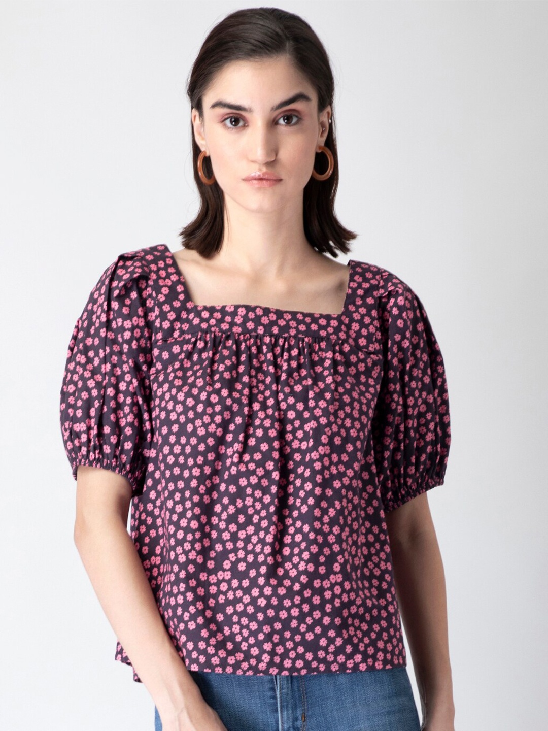 

FabAlley Black Floral Print Neck Puff Sleeve Blouse
