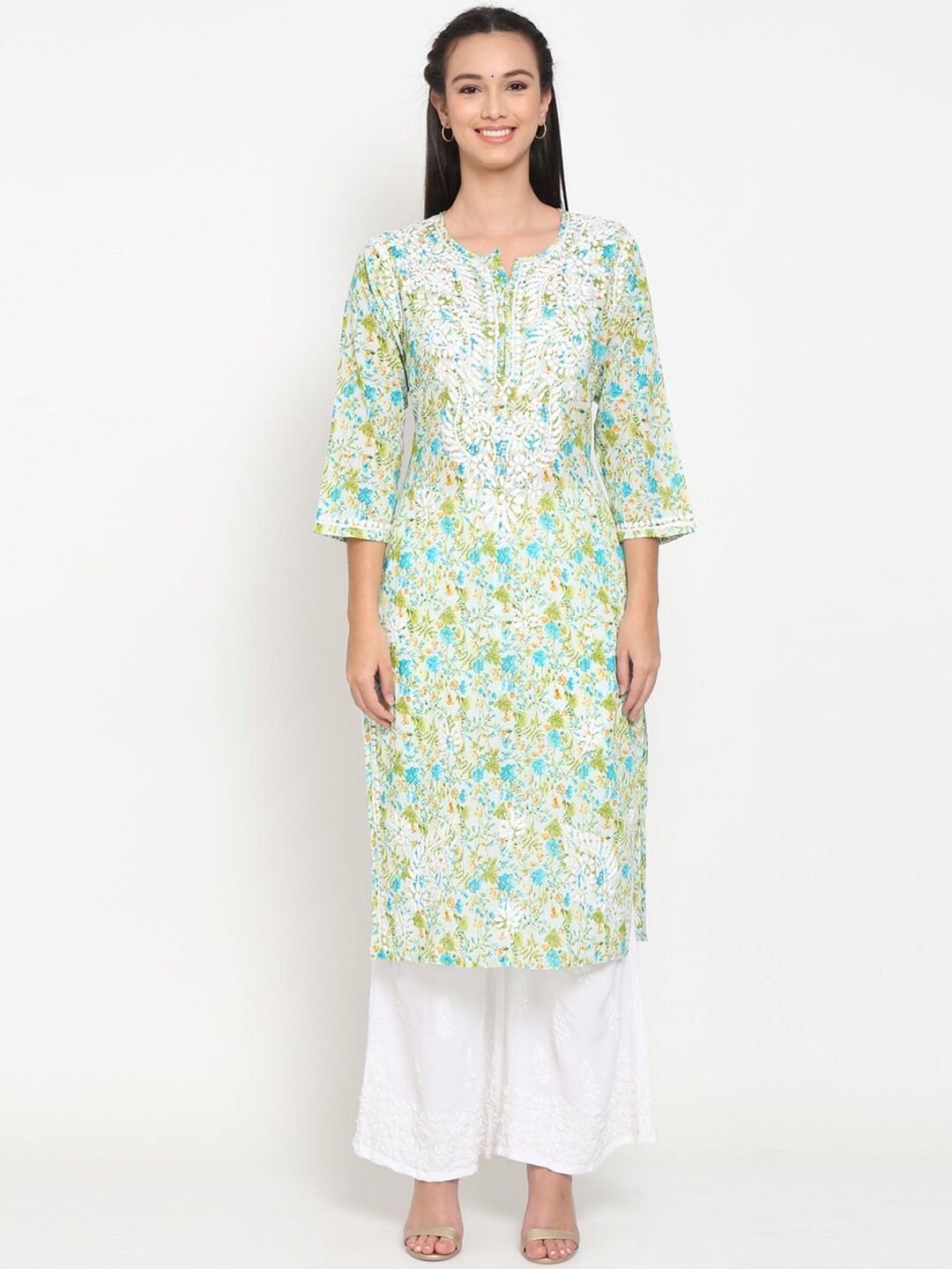

PARAMOUNT CHIKAN Women Turquoise Blue & Green Floral Printed Flared Sleeves Chikankari Floral Kurta