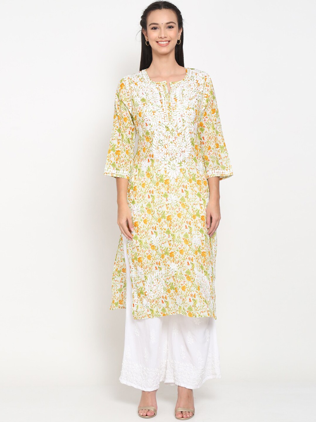 

PARAMOUNT CHIKAN Women White & Mustard Yellow Floral Printed Flared Sleeves Chikankari Floral Kurta