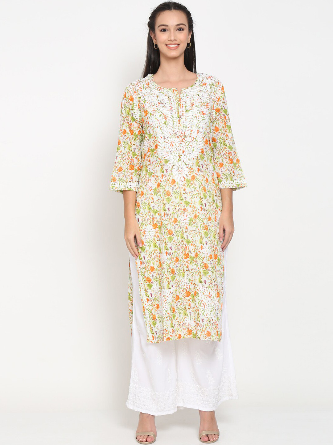 

PARAMOUNT CHIKAN White & Orange Floral Printed Flared Sleeves Chikankari Floral Kurta