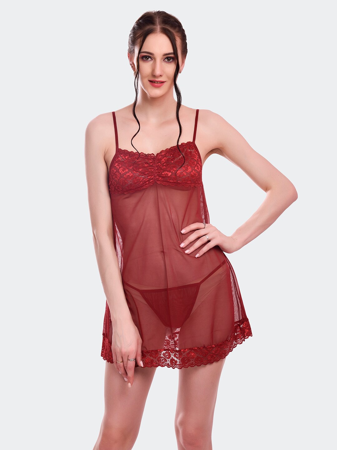 

Fleurt Women Maroon Self Design Baby Doll