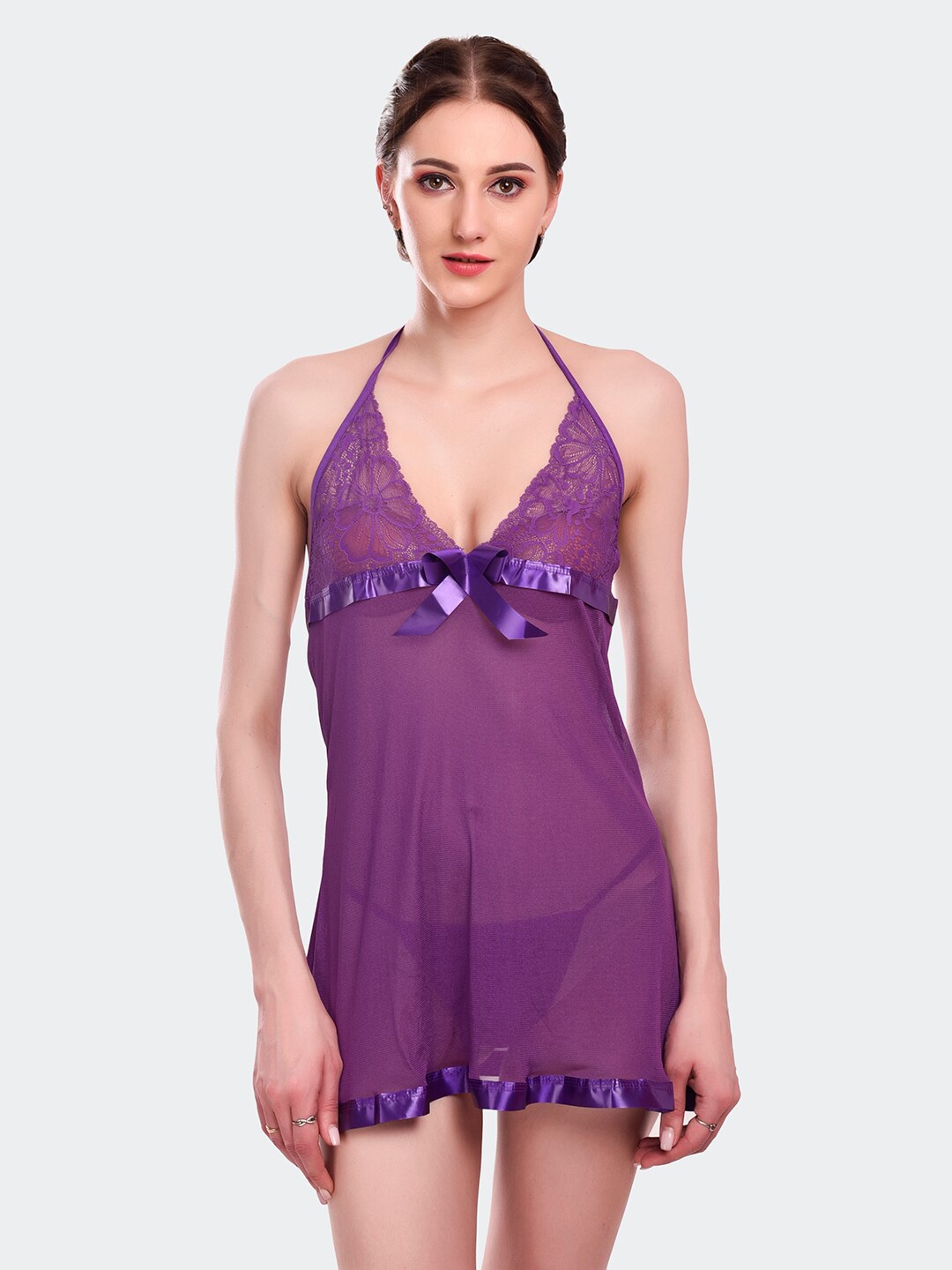 

Fleurt Women Purple Halter Neck Baby Doll