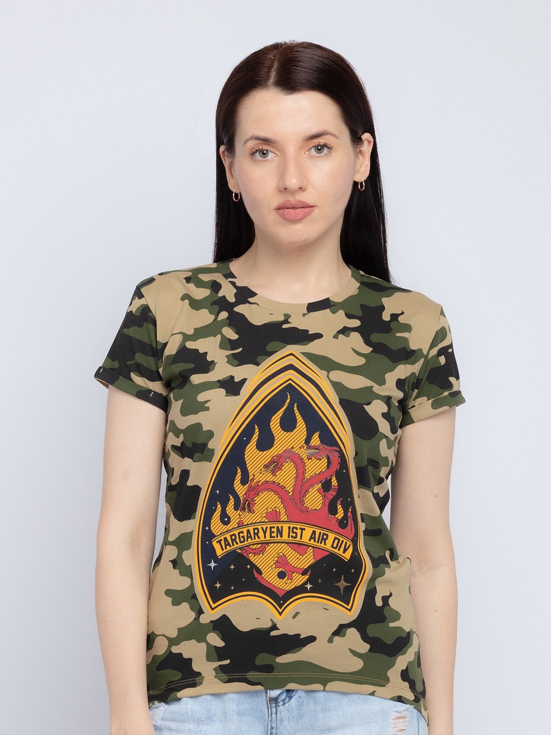 

Status Quo Women Green & Brown Camouflage Printed T-shirt