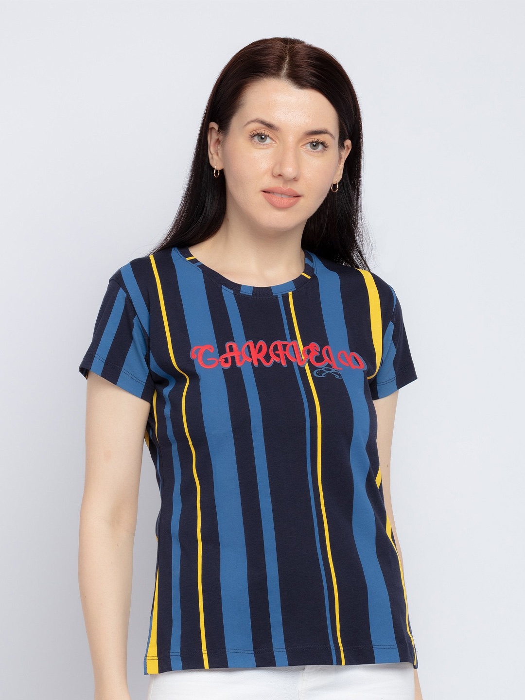 

Status Quo Women Navy Blue Typography Striped T-shirt