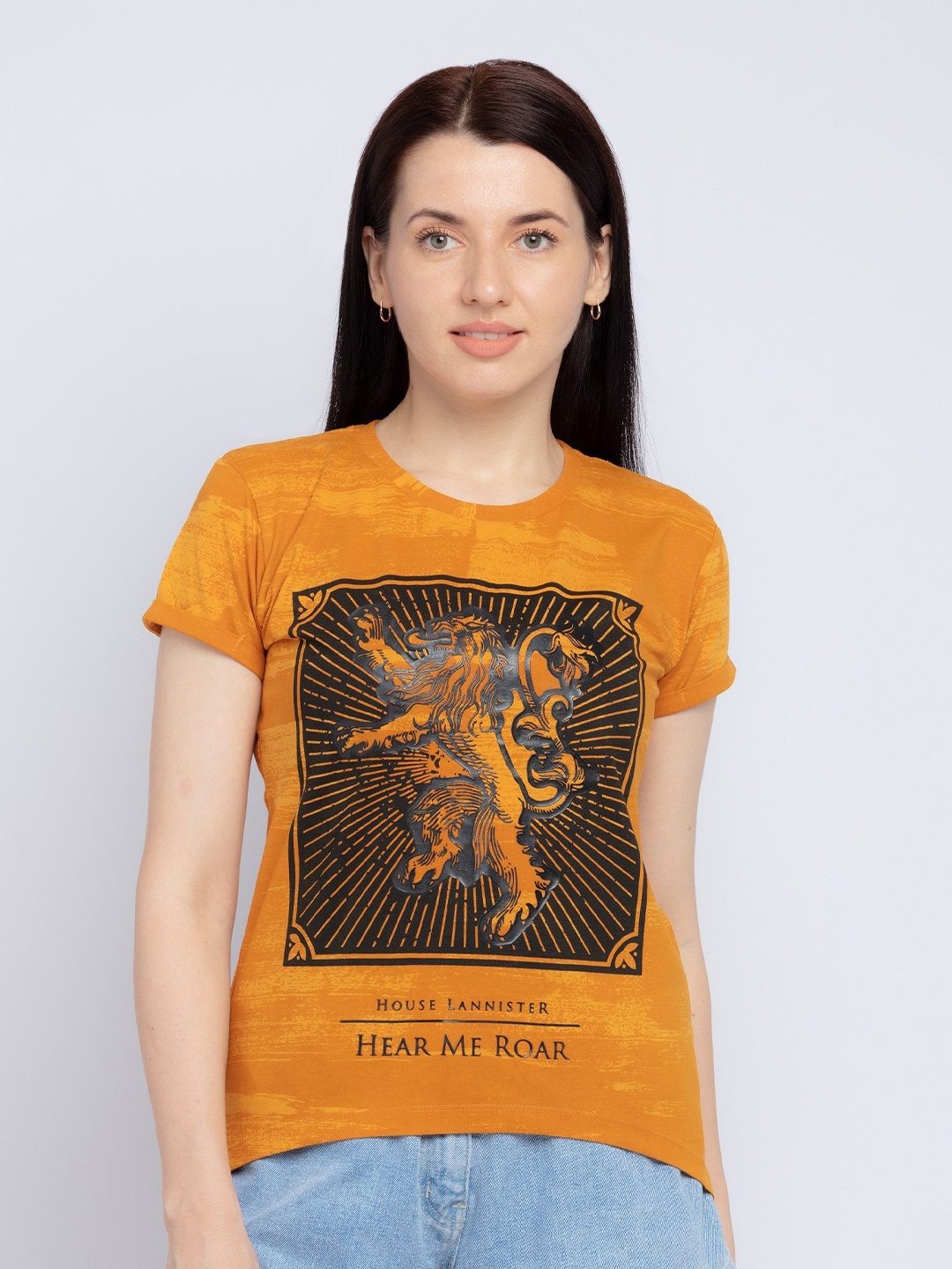 

Status Quo Women Mustard Yellow Game of Thrones Printed T-shirt