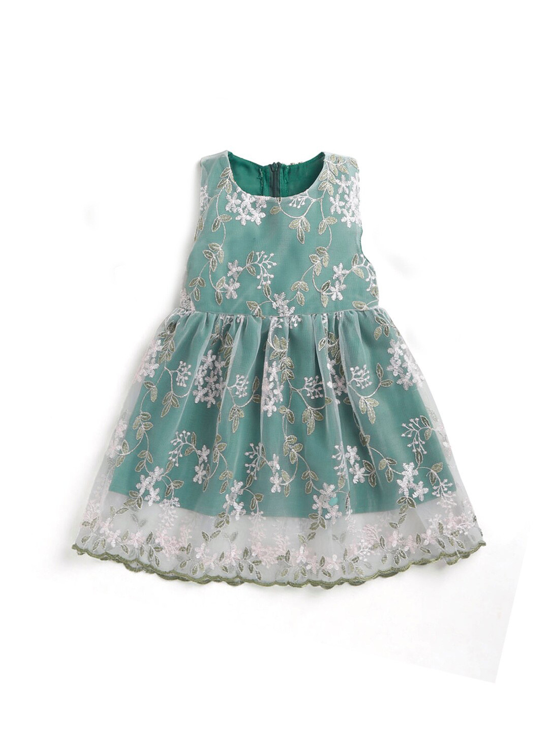 

Hopscotch Green Floral Embroidered Dress