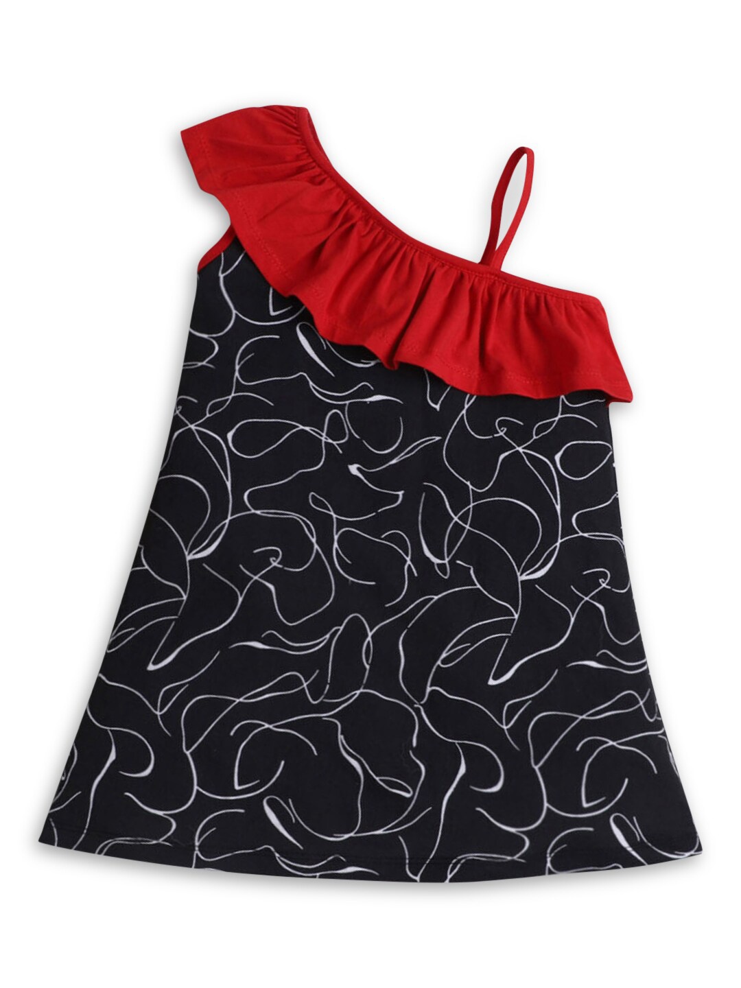 

Hopscotch Kids Girls Black Printed One shoulder A-Line Midi Dress