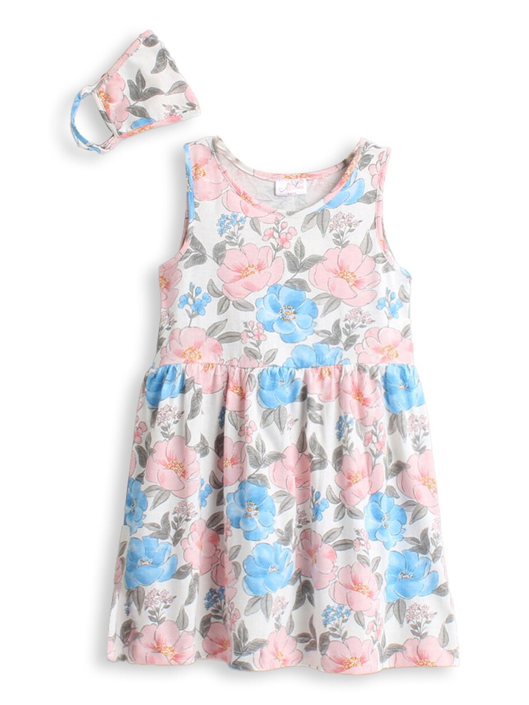 

Hopscotch Kids-Girls Multicoloured Sleeveless Floral Fit and Flare Dress with Mask, Multi