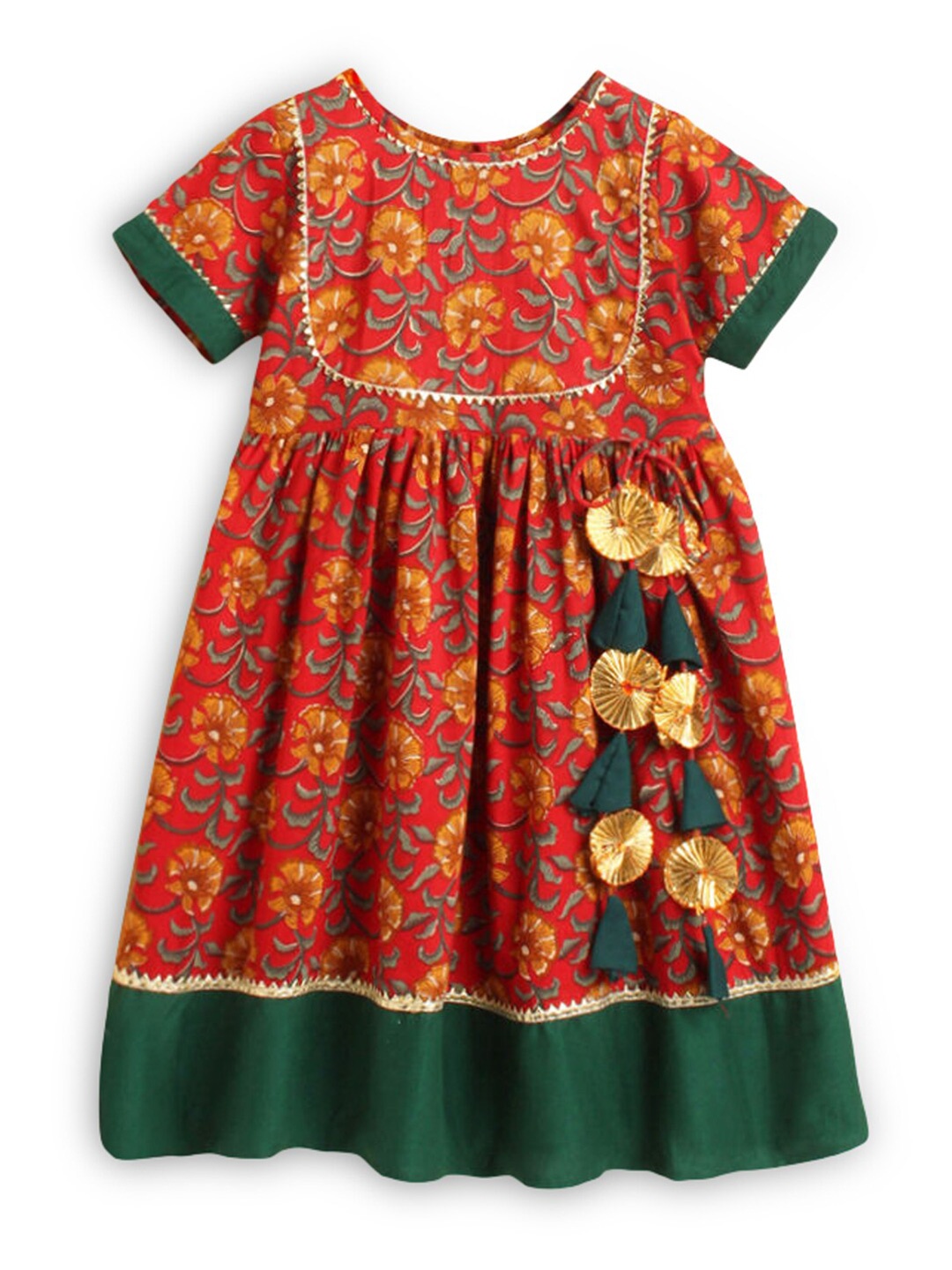

Hopscotch Girls Orange & Green Floral Ethnic Dress