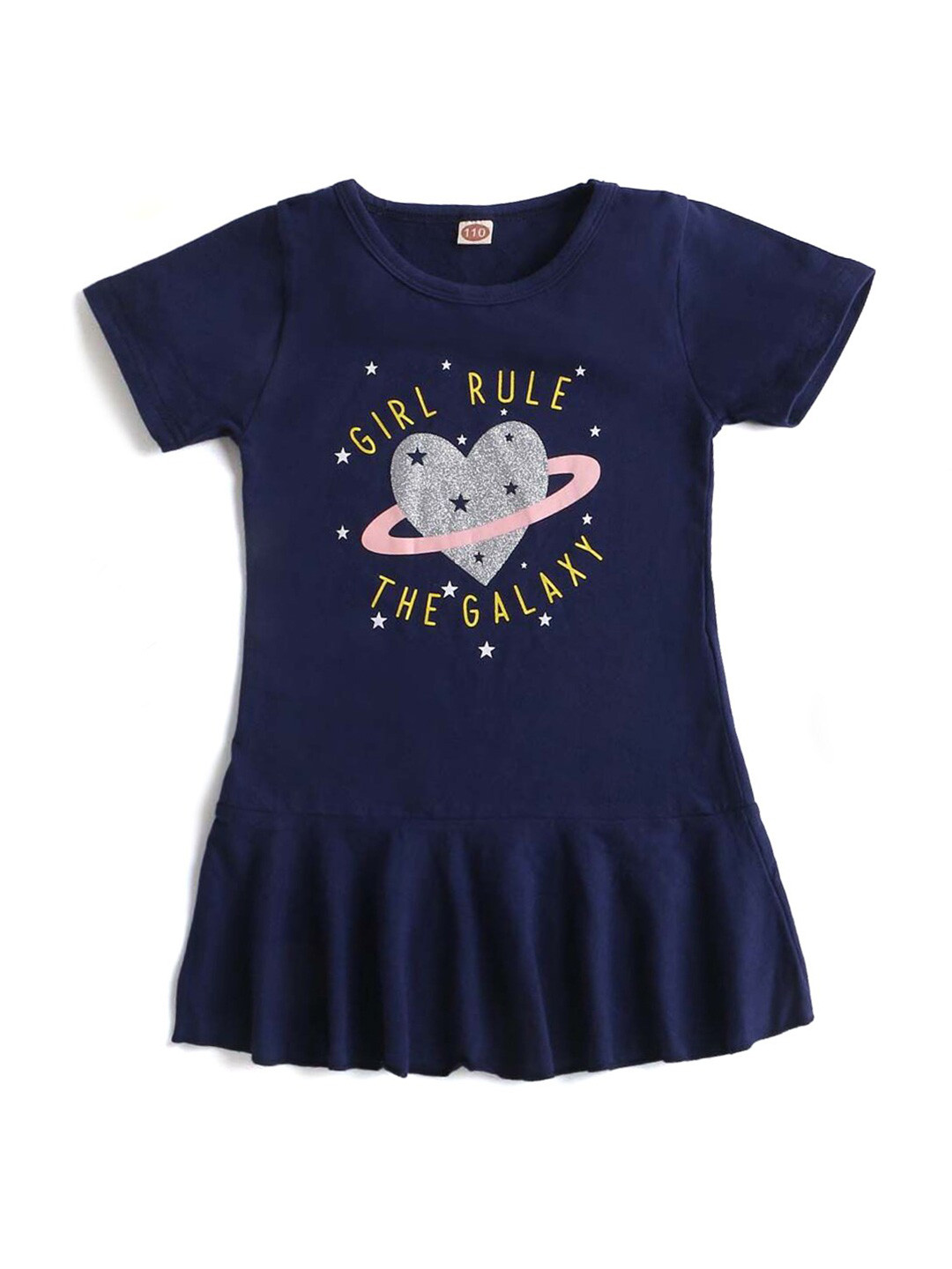 

Hopscotch Girls Navy Blue Typography Printed Drop-Waist Dress