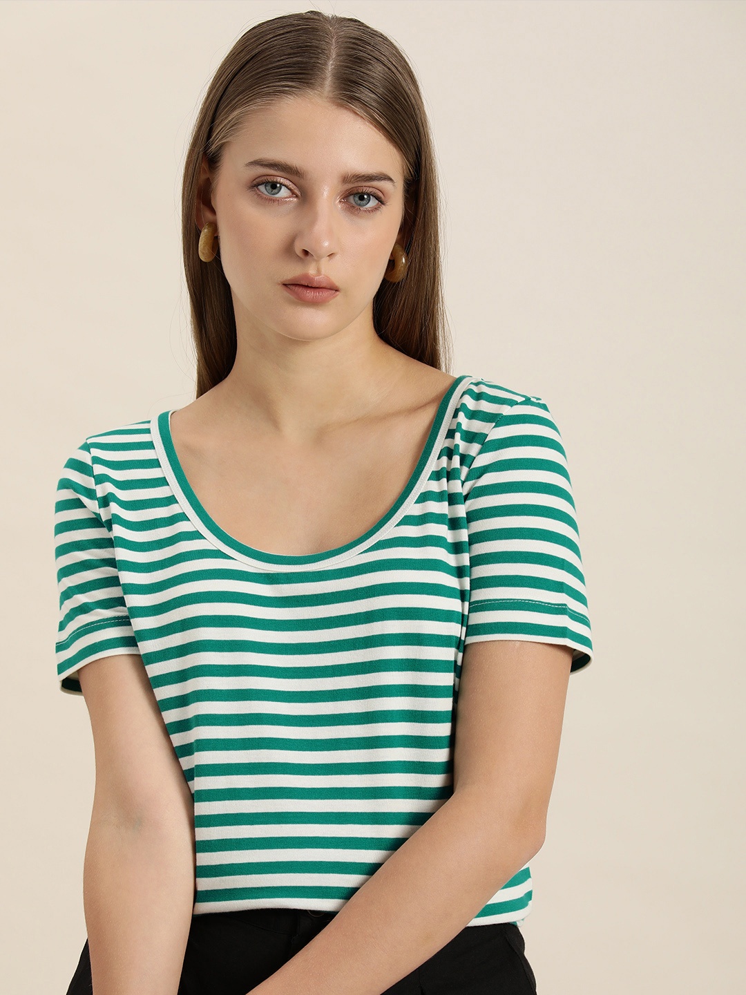 

her by invictus Women Green & White Striped Pure Cotton T-shirt