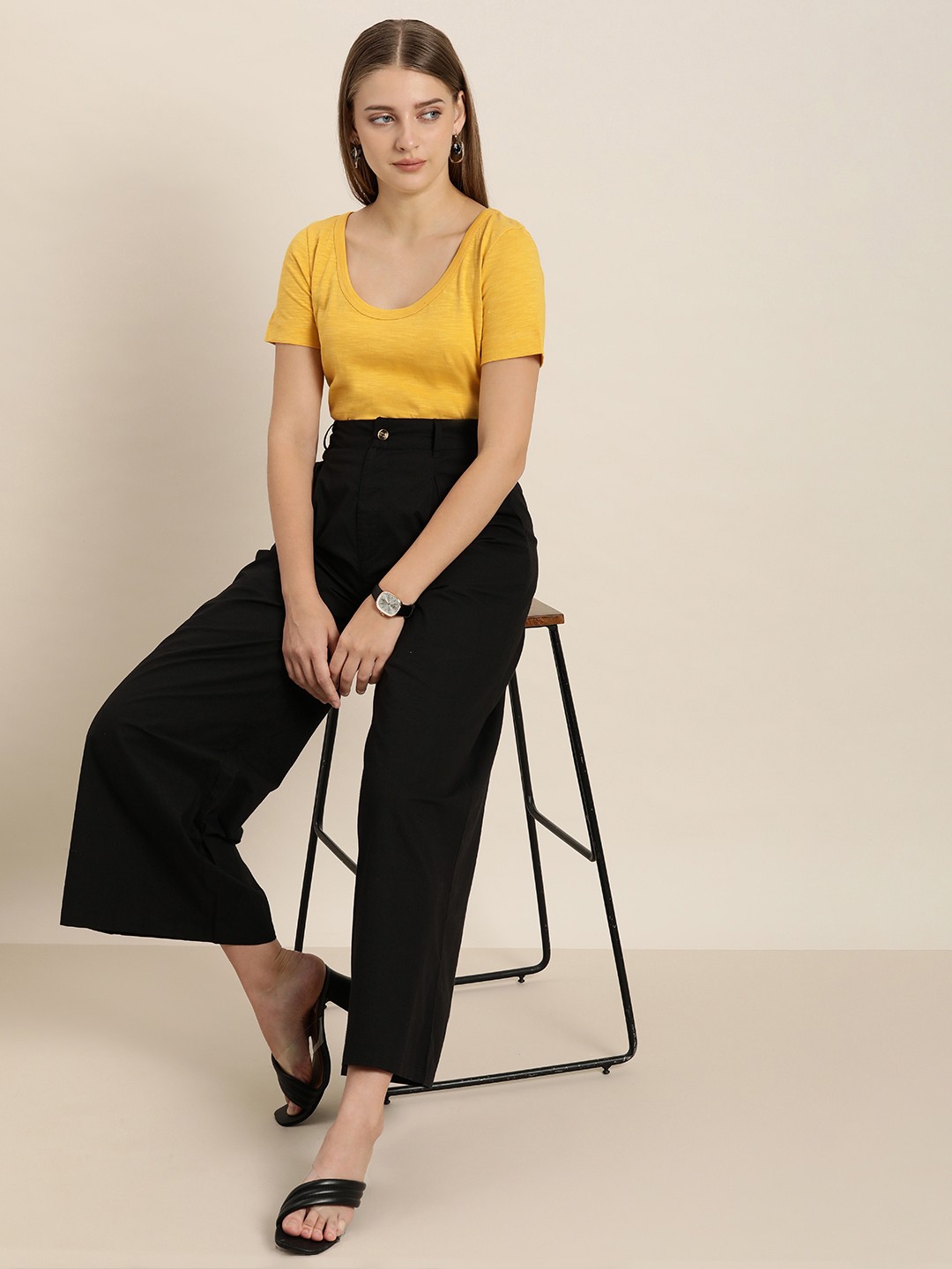 

her by invictus Women Mustard Yellow Pure Cotton T-shirt