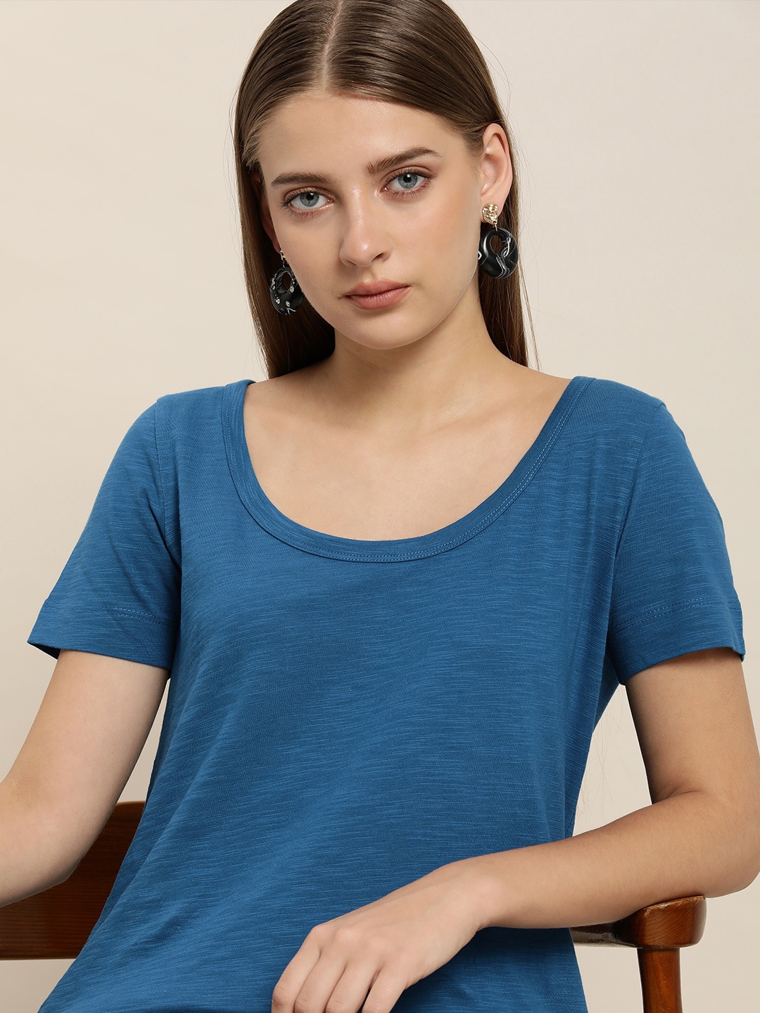

her by invictus Women Navy Blue Pure Cotton T-shirt