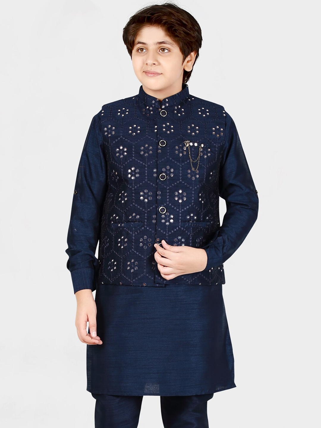 

CAVIO Boys Blue Layered Thread Work Kurti with Pyjamas
