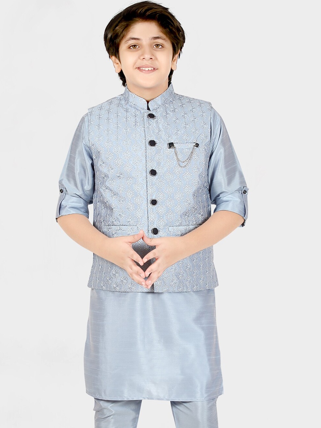 

CAVIO Boys Blue Floral Embroidered Layered Kurta with Pyjamas