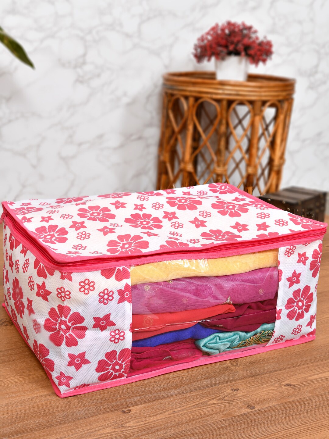 

Home Fresh Set of 2 Pink & Maroon Printed Organizers With Transparent Window