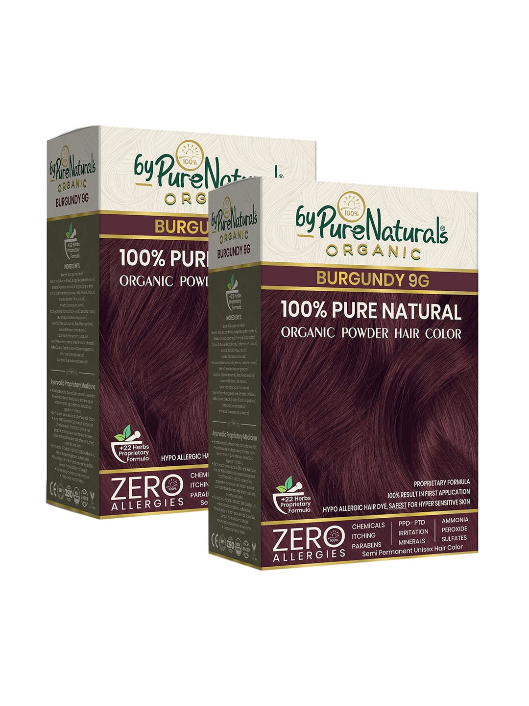 

byPureNaturals Set of 2 Organic 100% Pure Natural Powder Hair Colour - Burgundy 9GB