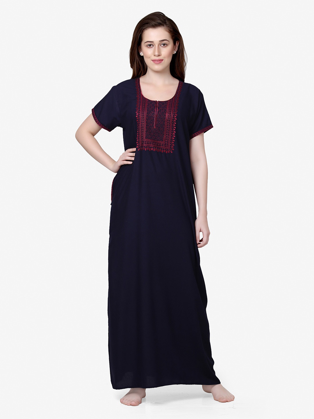 

Sand Dune Women Navy Blue Embroidered Maxi Nightdress