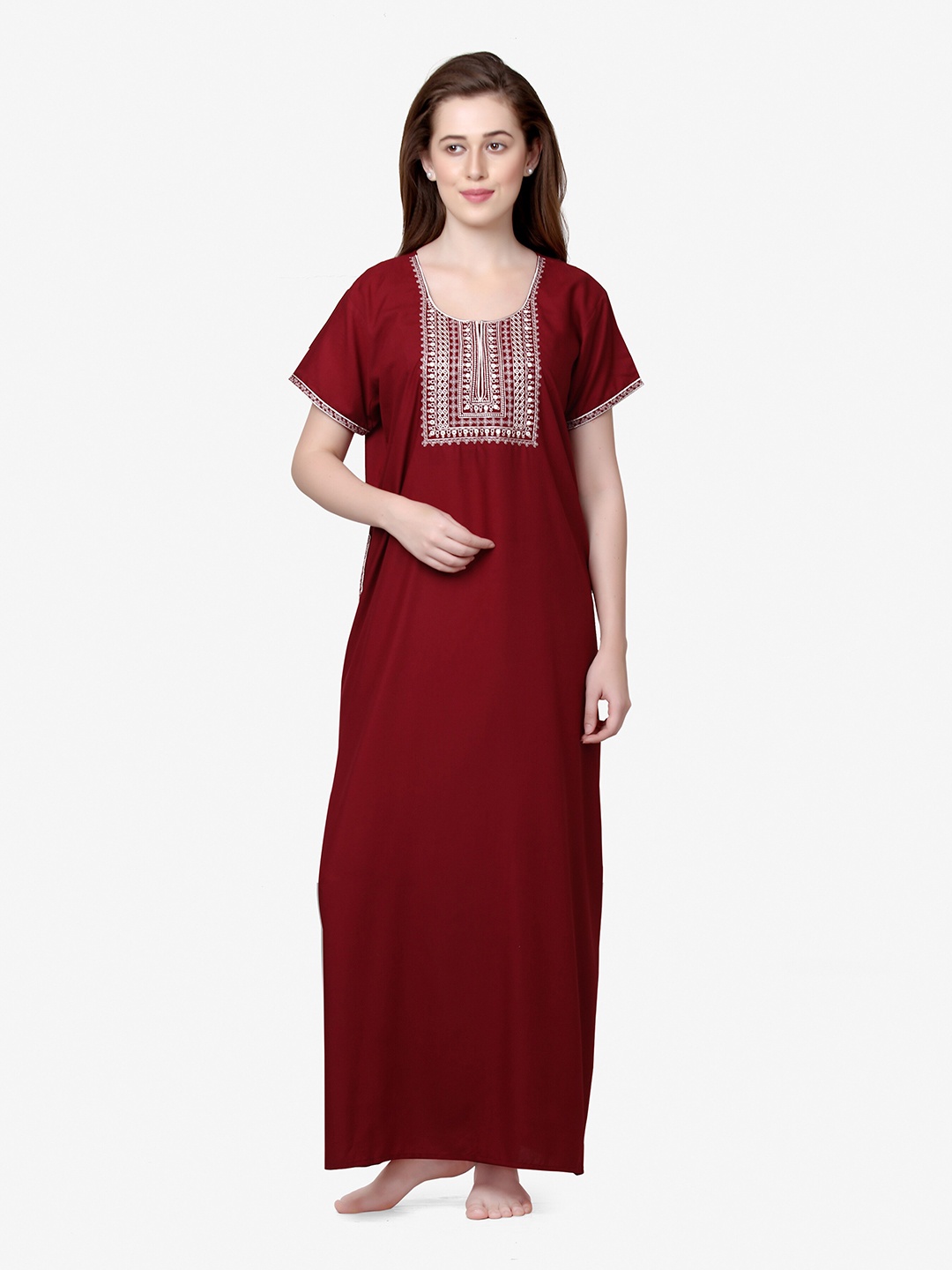 

Sand Dune Women Maroon Embroidered Maxi Nightdress