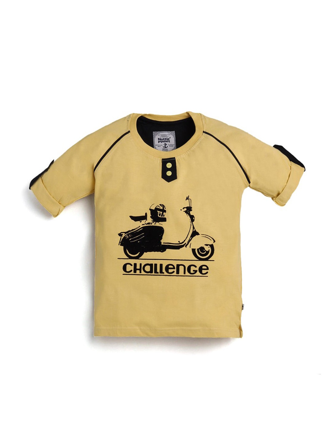 

Hopscotch Boys Yellow Printed Cotton Raglan Sleeves T-shirt