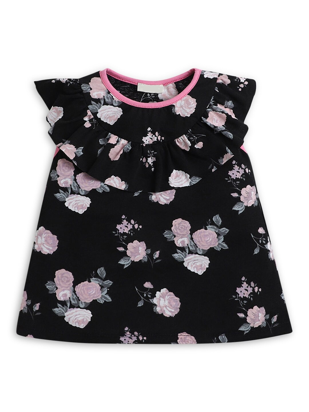 

Hopscotch Girls Black Floral Printed Mandarin Collar T-shirt