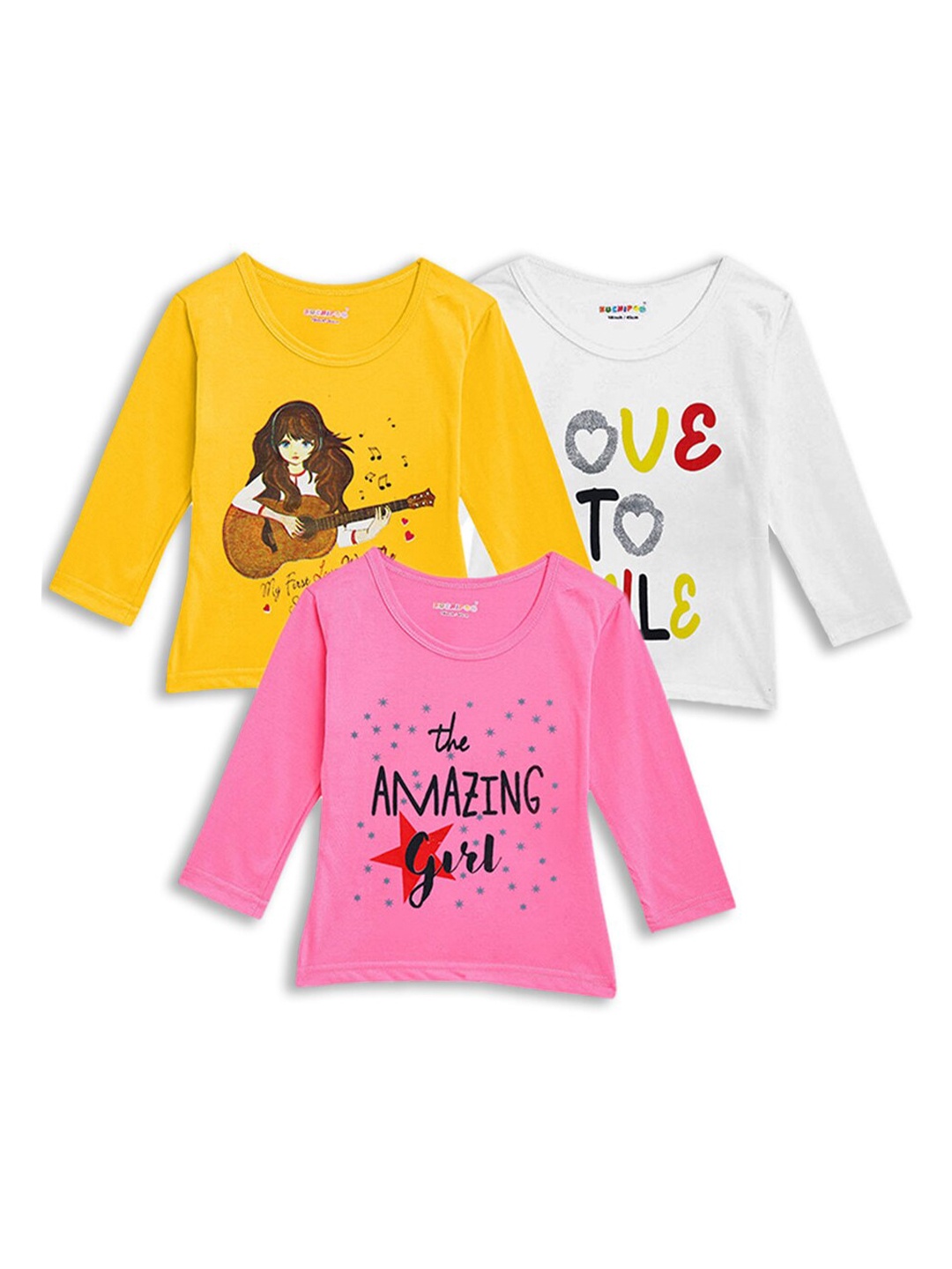 

Hopscotch Girls Multicoloured Typography 3 Printed Applique T-shirt, Multi